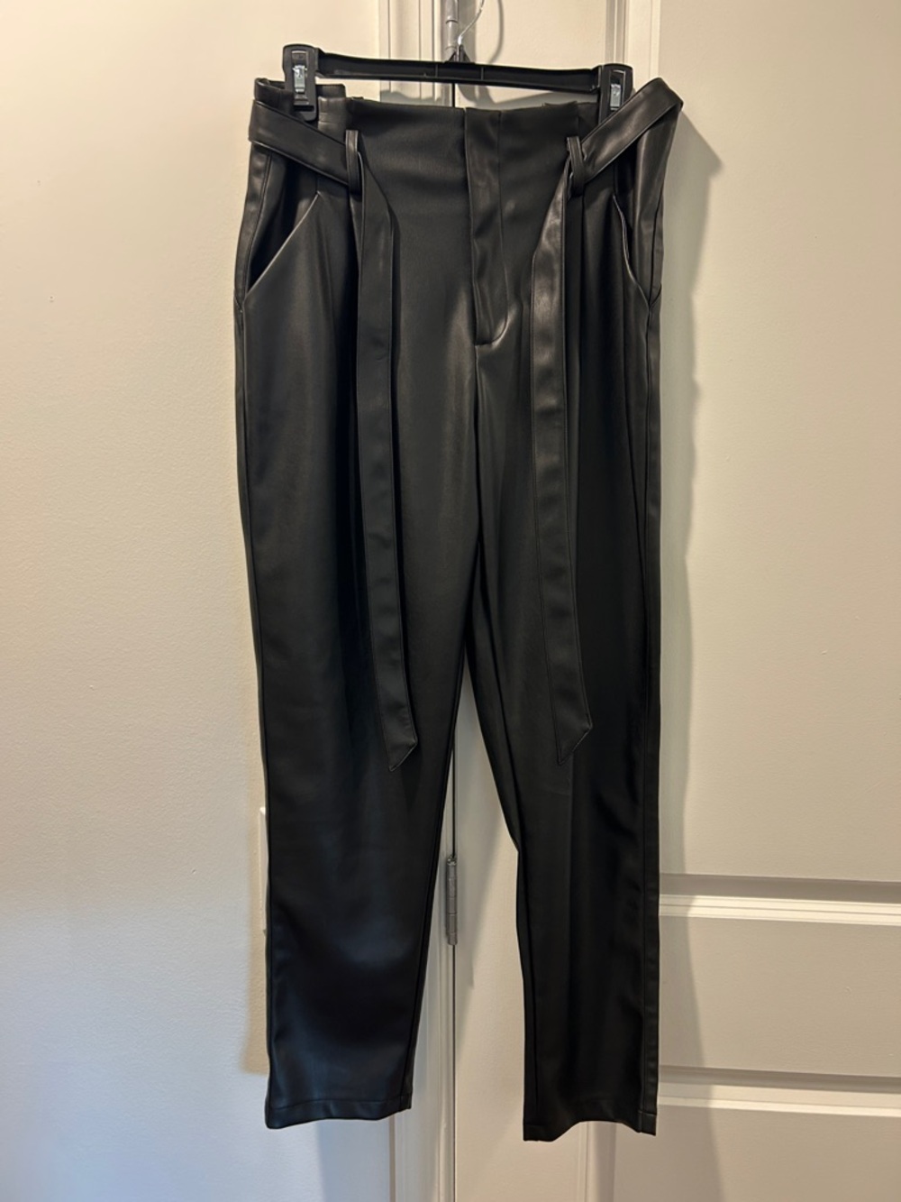 NWT High-Rise Black Faux Leather Paperbag Trousers with Self-Tie